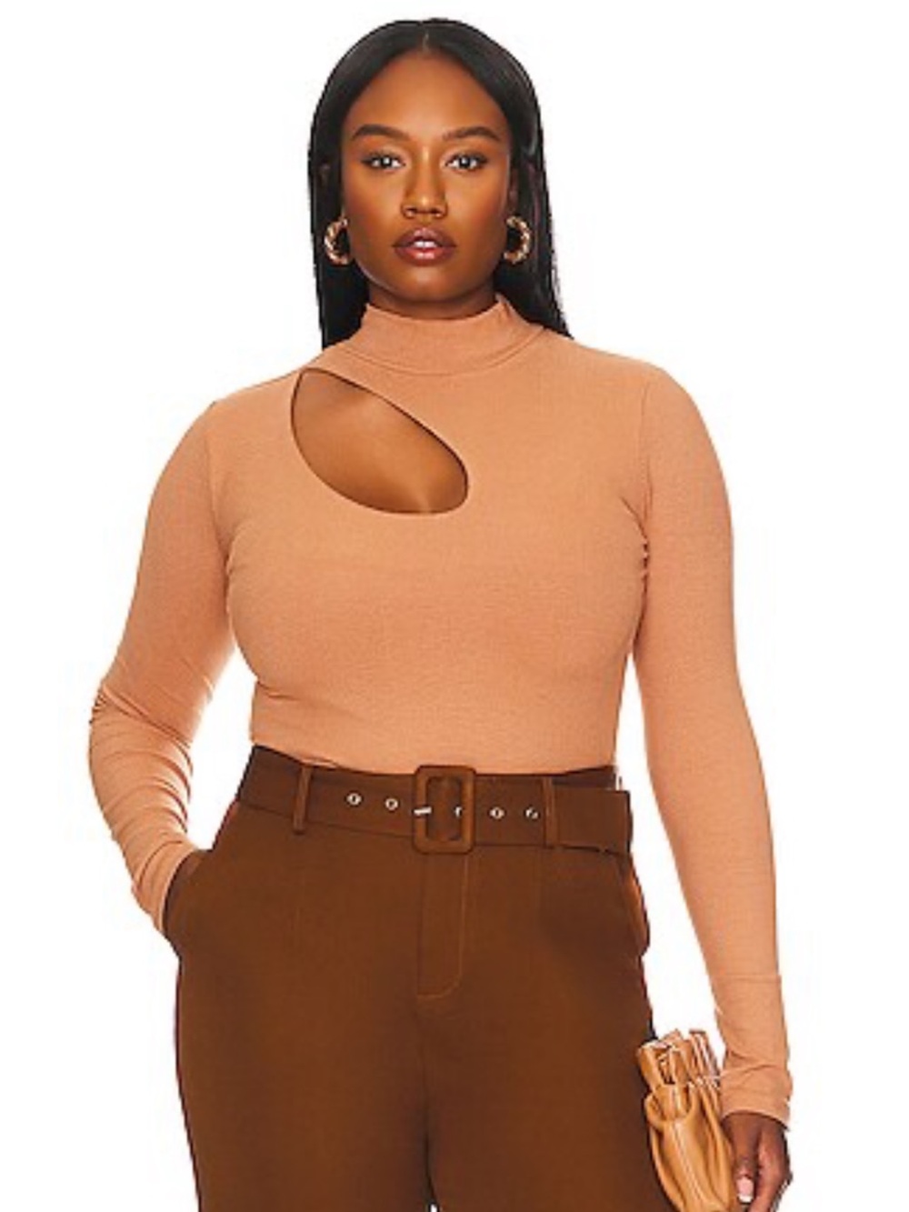 REVOLVE Tan Asymmetric Cutout Mock Neck Long Sleeve Top